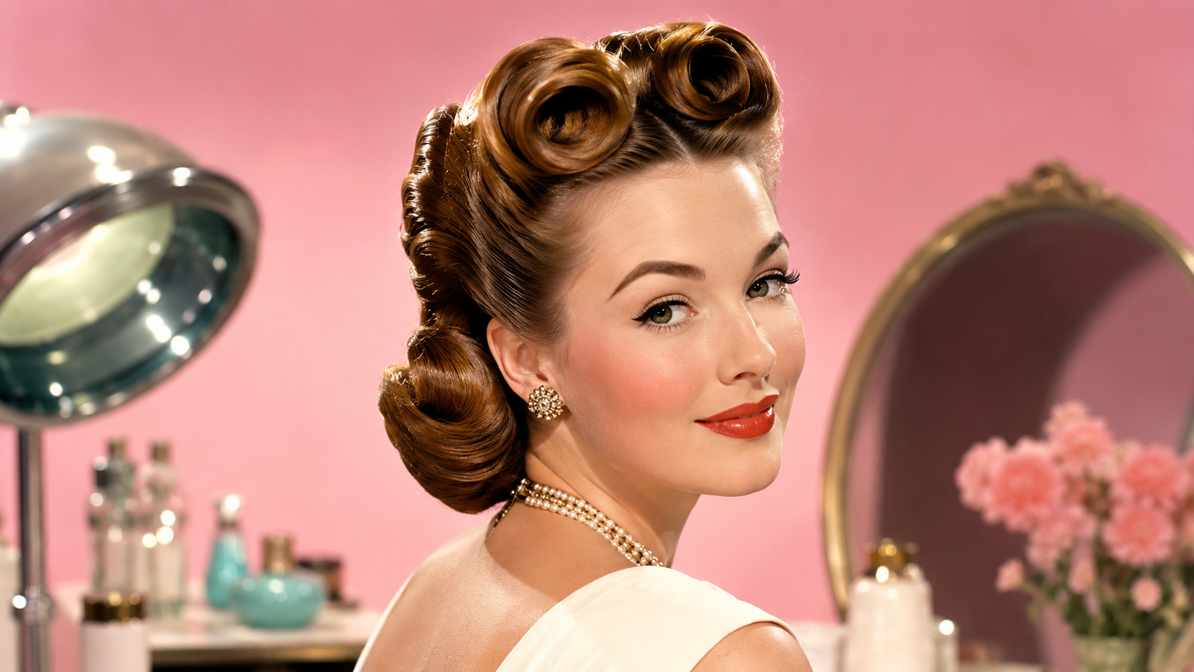 Retro salon portrait with a polished updo and red lip.