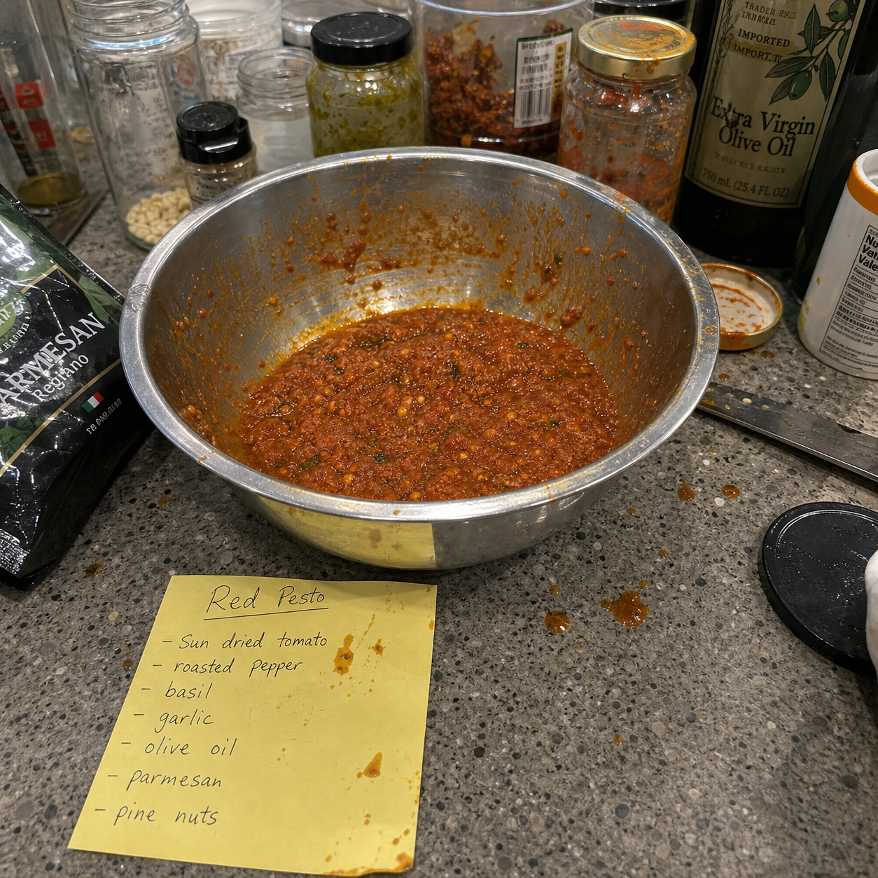 A bowl of fresh red pesto with a handwritten recipe card