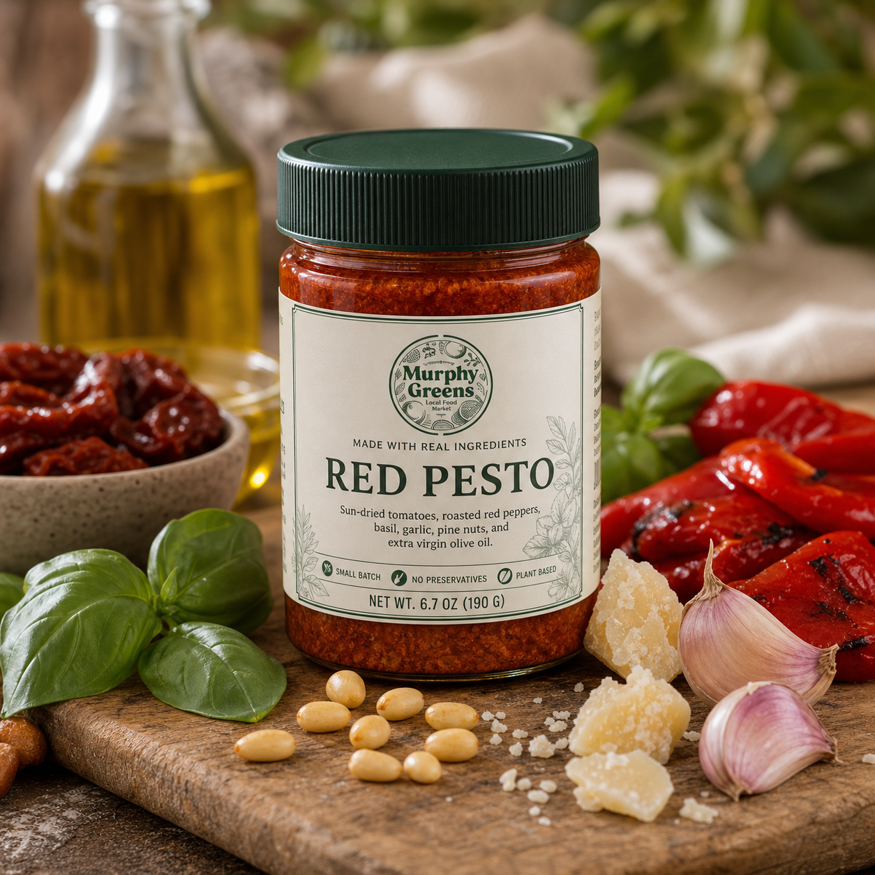 Studio product photo of a Murphy Greens Red Pesto jar