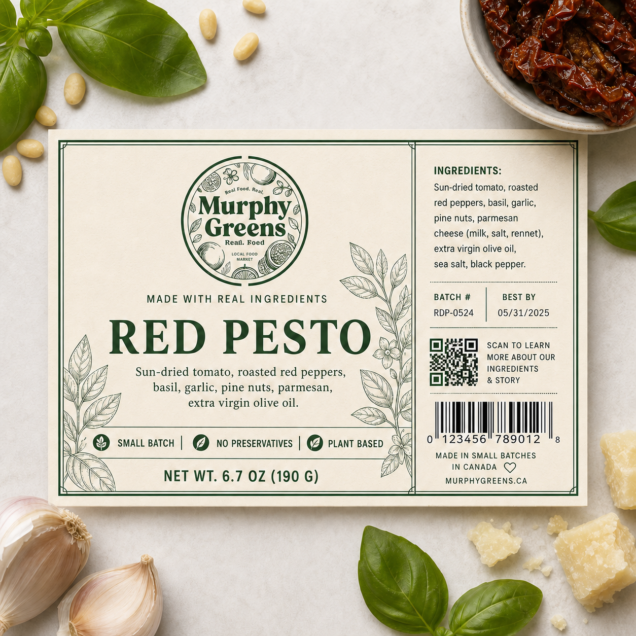 Print-ready Red Pesto label with ingredients, batch code, QR and barcode
