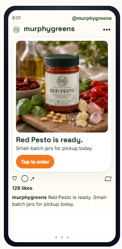 Instagram post announcing Red Pesto is ready for pickup