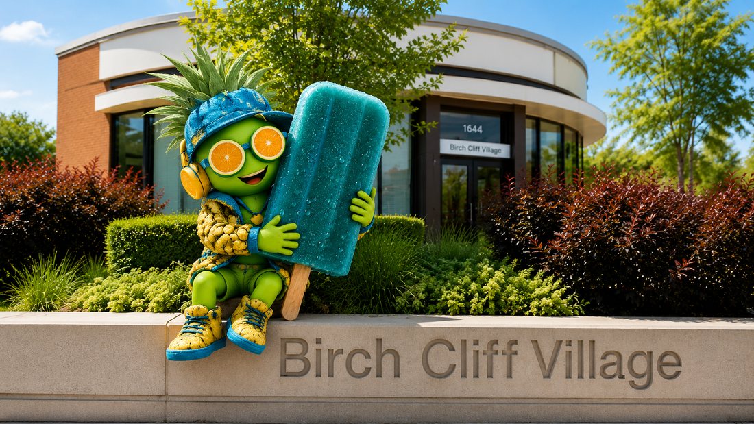 Cool Kid mascot with an oversized MurphPop outside Birch Cliff Village