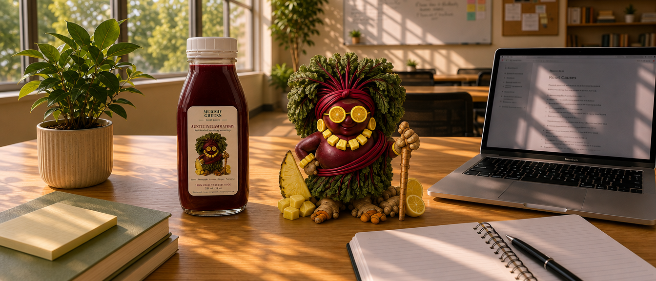 Auntie Inflammatory juice character hugging a bottle on a sunlit study desk with a laptop and notebook.