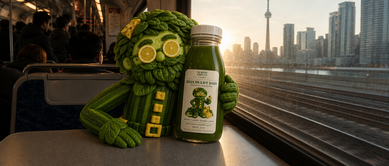 Birchcliff Dad juice character hugging a bottle on a TTC streetcar with the CN Tower and sunrise skyline.