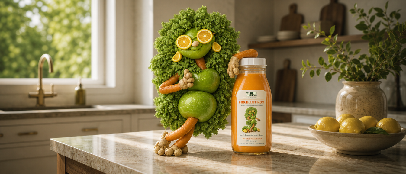 Birchcliff Mom juice character hugging a bottle on a bright kitchen counter with lemons and morning light.