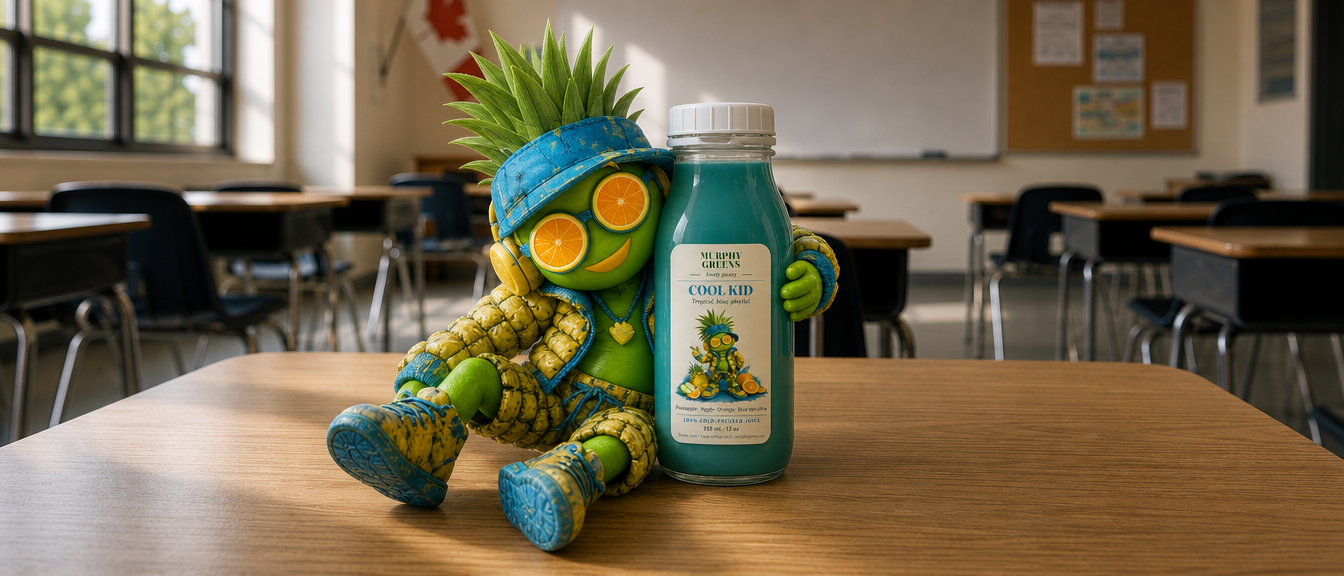 Cool Kid juice character hugging a bottle on a classroom desk with a Canadian flag and chalkboard.