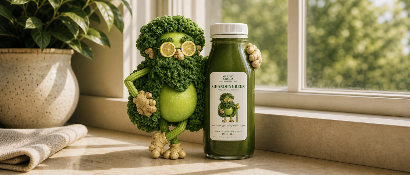 Grandpa Green juice character hugging a bottle on a sunlit windowsill with a potted plant and linen.