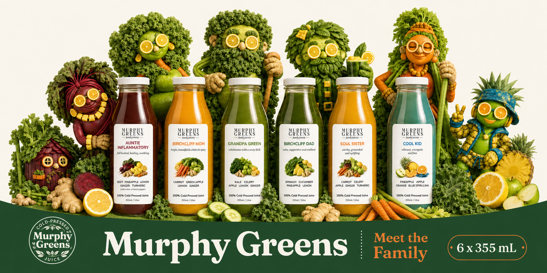 The Murphy Greens produce-built family gathered behind six labelled cold-pressed juices.