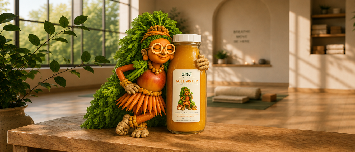Soul Sister juice character hugging a bottle in a yoga studio with mats and afternoon light.