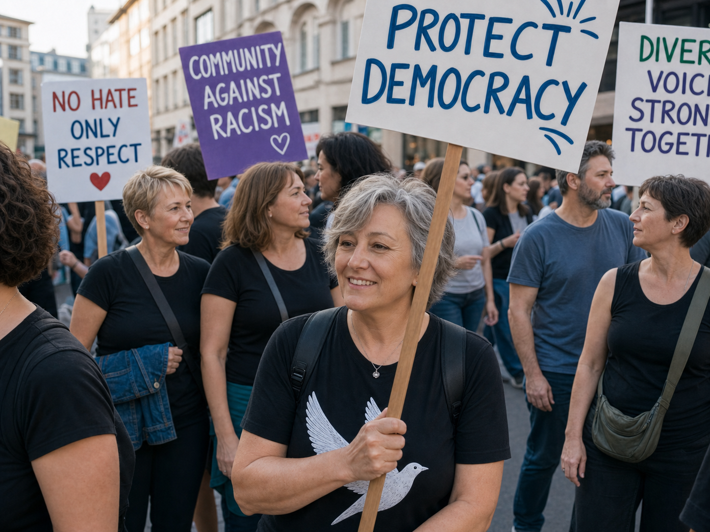 After: publication-ready Omas Gegen Rechts event photo with anonymized supporters and preserved signs