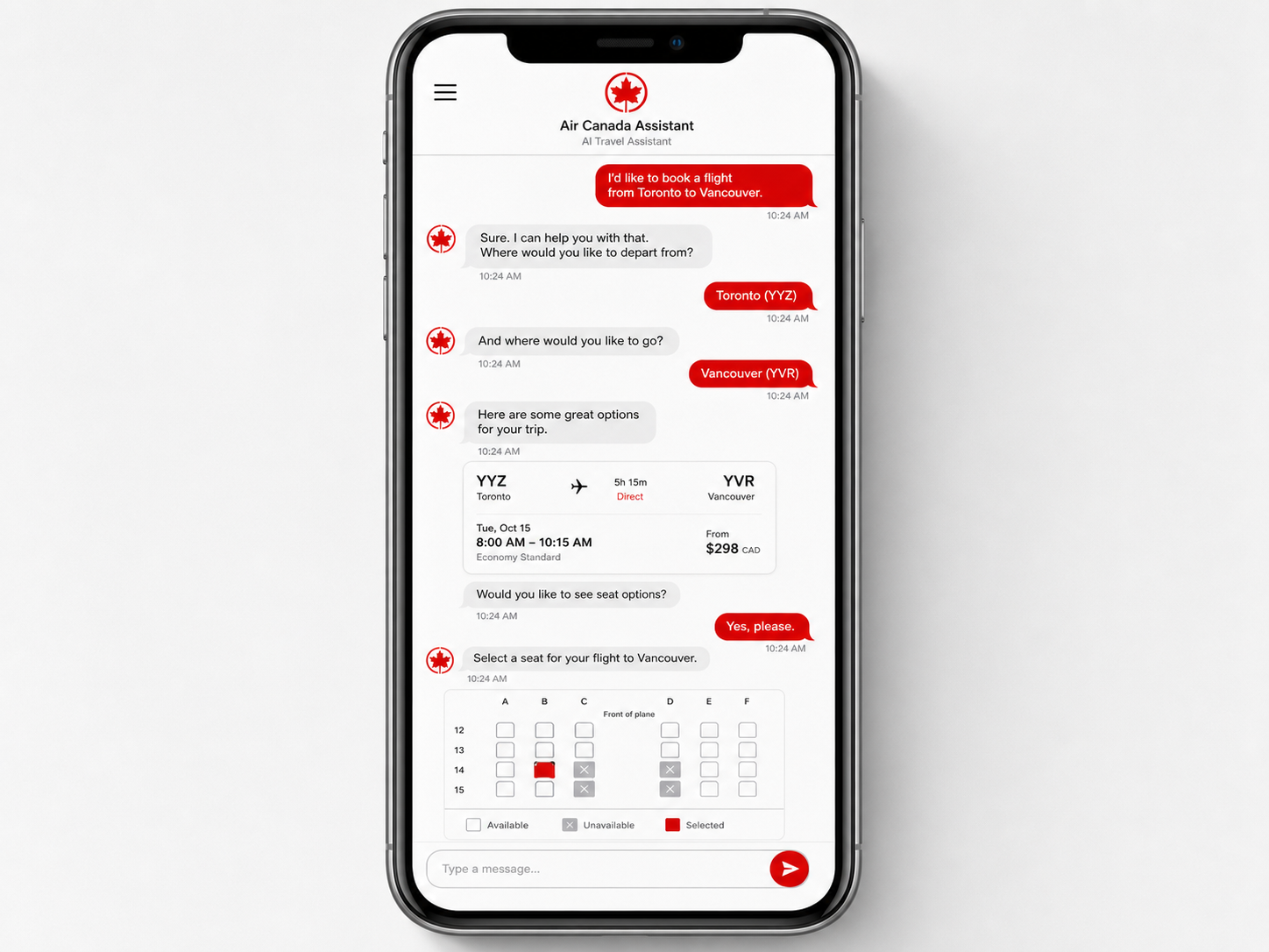 Conversational Air Canada flight-booking prototype with itinerary context and visual seat selection