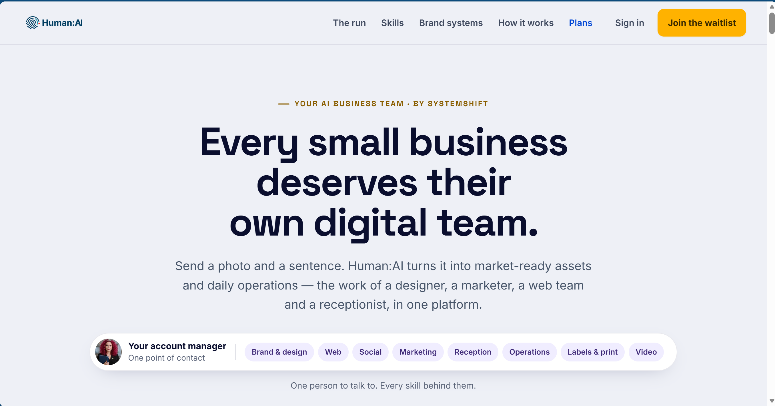 Human:AI homepage presenting an AI business team for small businesses