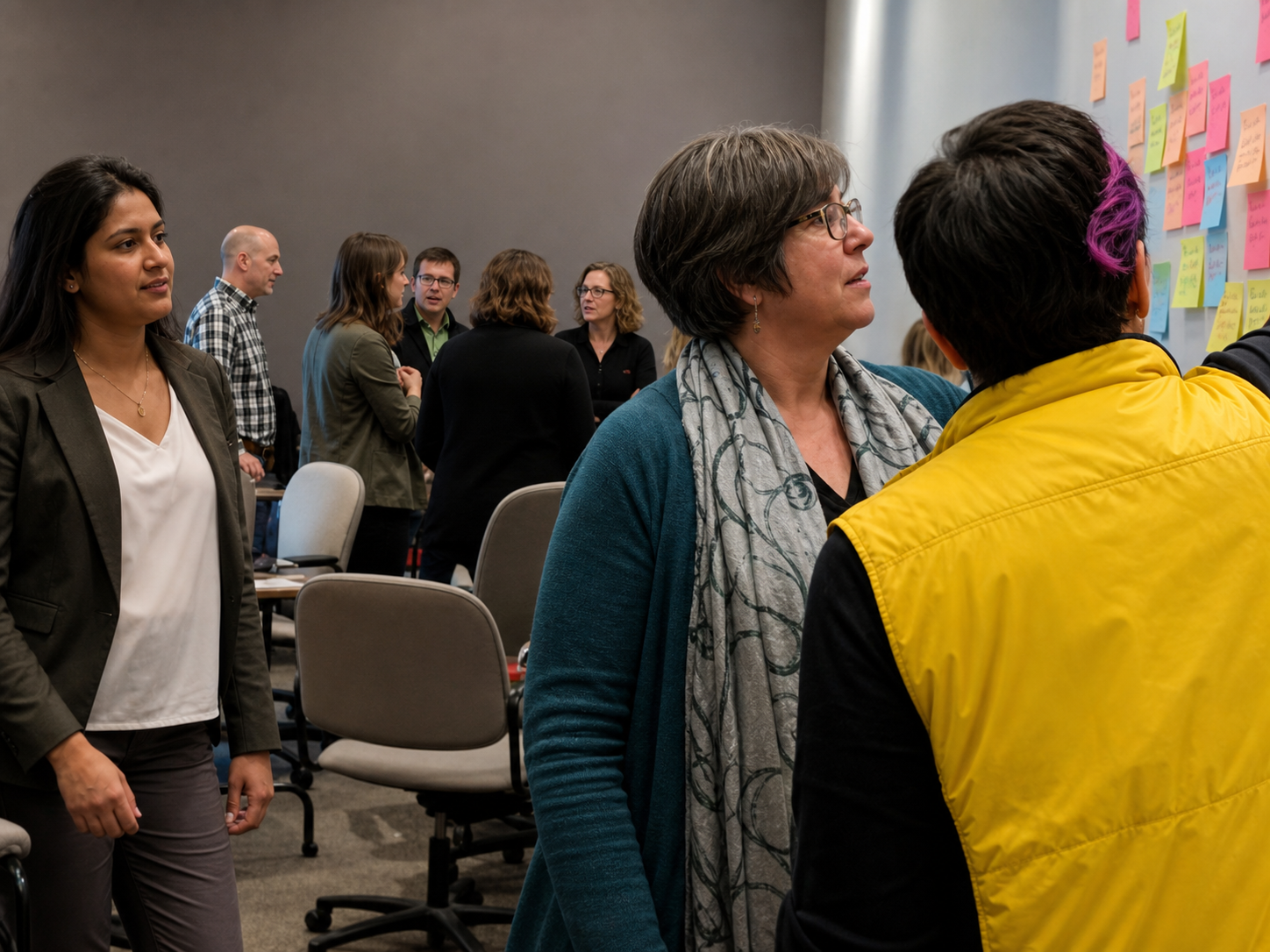 Anonymized real Nova Scotia tourism design-thinking workshop with participants collaborating at a sticky-note wall