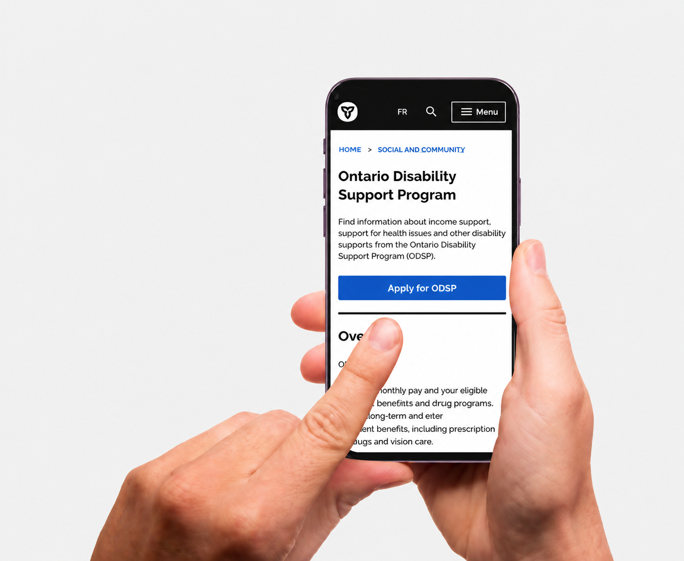 Hands holding a phone showing the Ontario Disability Support Program application screen