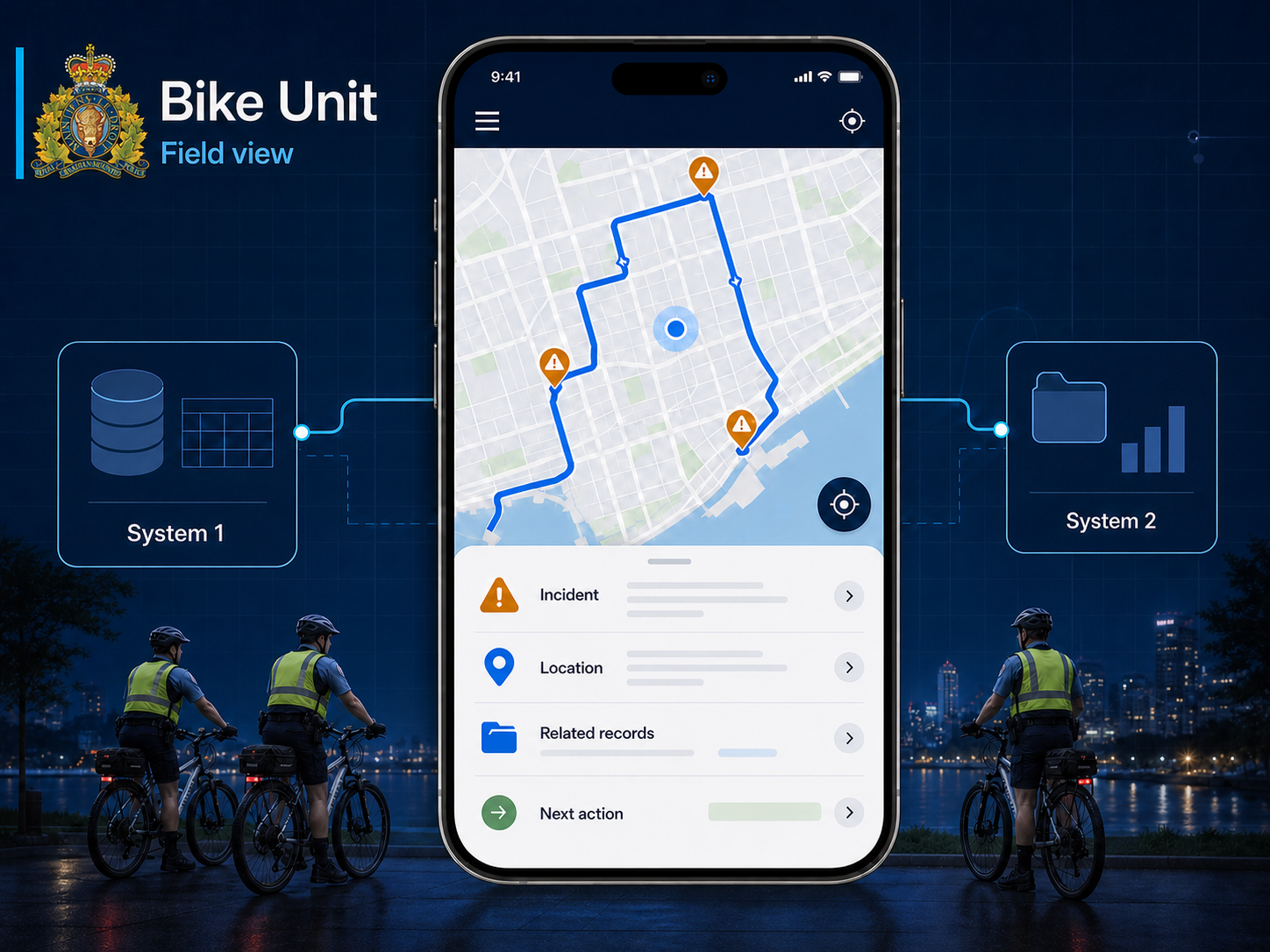 RCMP Bike Unit schematic mobile field view combining a patrol map with information from System 1 and System 2, with bicycle officers in the field