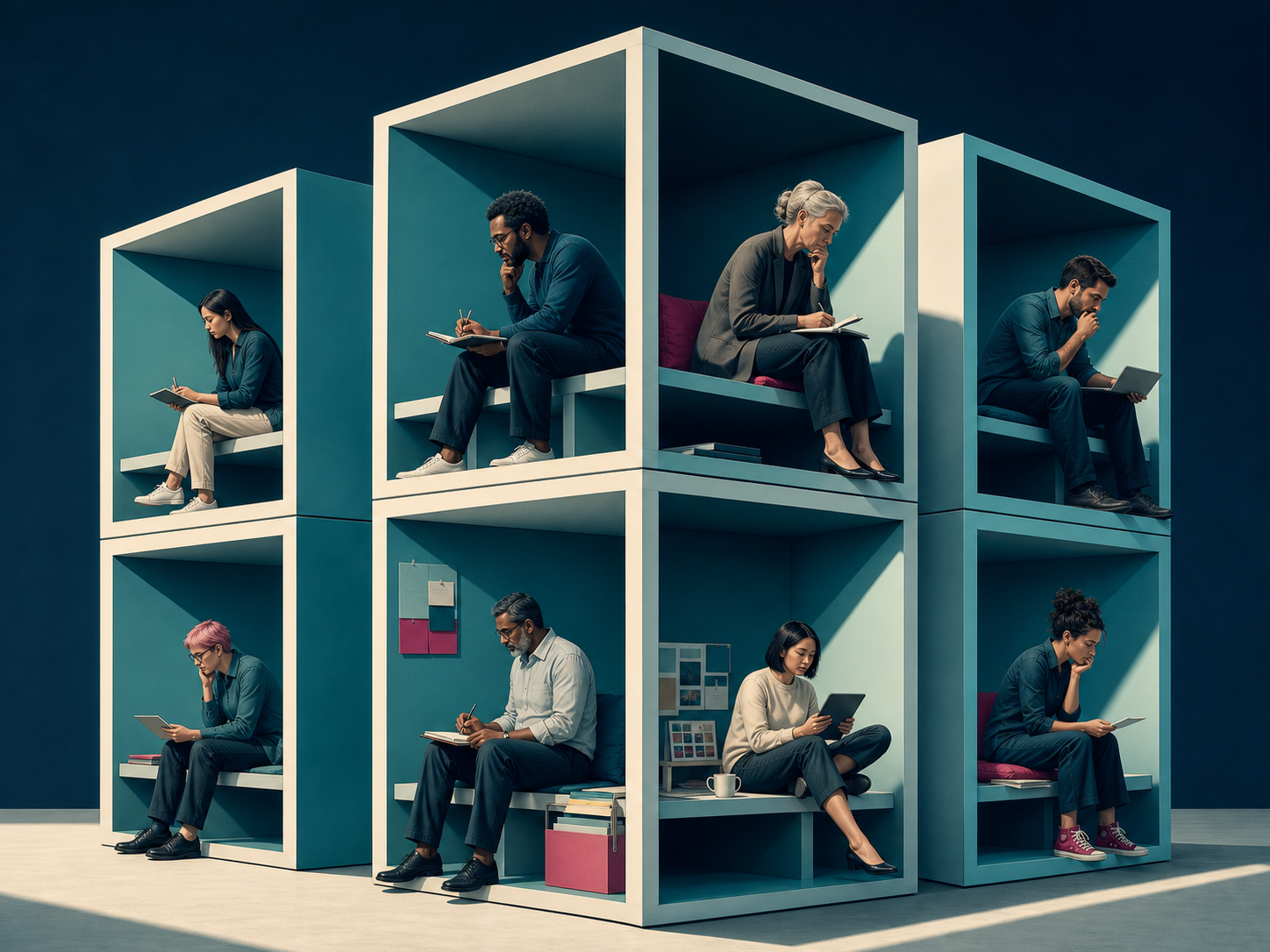 Contemporary illustration of researchers working in separate stacked compartments, representing organizational knowledge silos